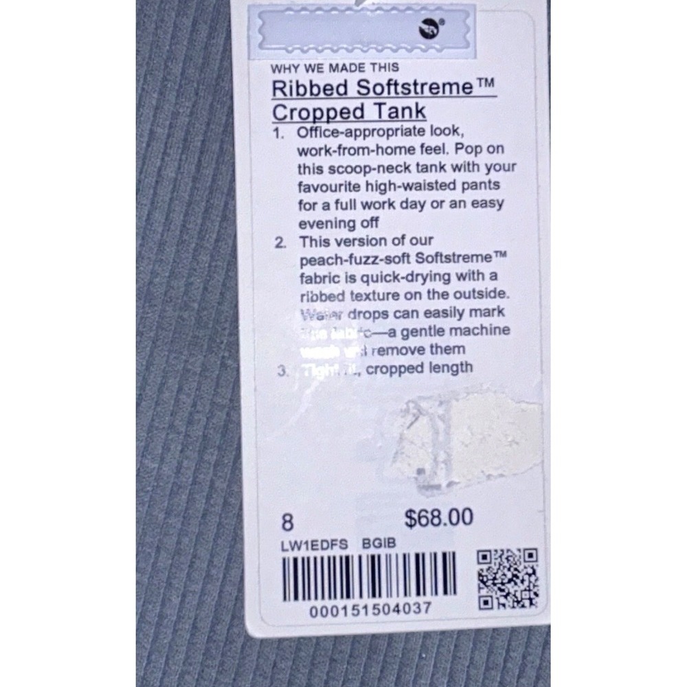 Lululemon Ribbed Softstreme Cropped Tank Blue Size 8 LW1EDFS BGIB - Picture 7 of 9